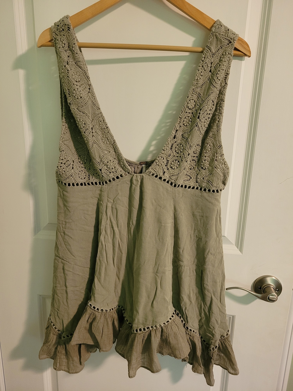 Free People Olive Green Crochet-Trim Sleeveless Top